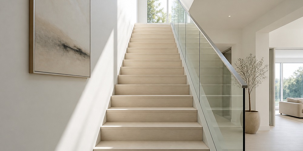 Straight staircase with light treads and a glass railing in a bright interior.